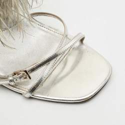 Prada Metallic Silver Leather and Ostrich Feather Ankle Strap Sandals Size 40