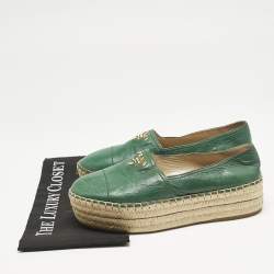 Prada Green Leather Logo Platform Espadrilles Size 39