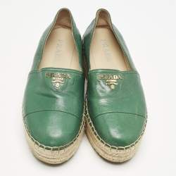Prada Green Leather Logo Platform Espadrilles Size 39