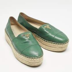 Prada Green Leather Logo Platform Espadrilles Size 39