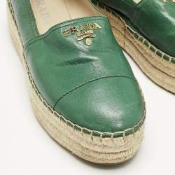 Prada Green Leather Logo Platform Espadrilles Size 39