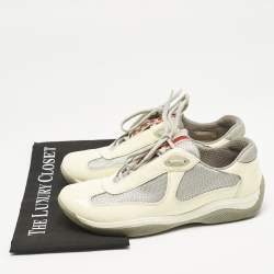 Prada Cream/Grey Mesh and Patent Leather Low Top Sneakers Size 38.5