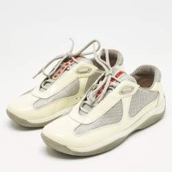 Prada Cream/Grey Mesh and Patent Leather Low Top Sneakers Size 38.5