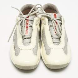 Prada Cream/Grey Mesh and Patent Leather Low Top Sneakers Size 38.5