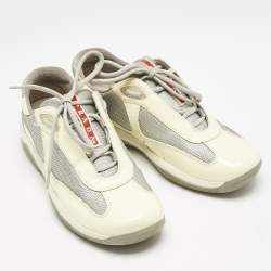 Prada Cream/Grey Mesh and Patent Leather Low Top Sneakers Size 38.5