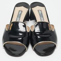 Prada Black Patent Leather Logo Slide Sandals Size 36