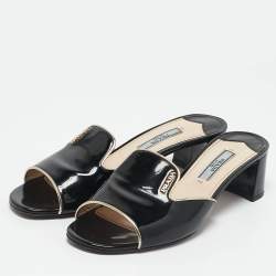 Prada Black Patent Leather Logo Slide Sandals Size 36