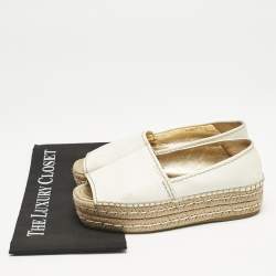 Pre Owned Prada White/Gold Leather Peep Toe Platform Espadrille Flats Size 38