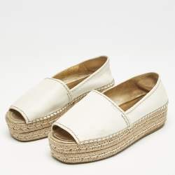 Pre Owned Prada White/Gold Leather Peep Toe Platform Espadrille Flats Size 38