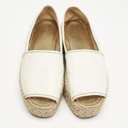Pre Owned Prada White/Gold Leather Peep Toe Platform Espadrille Flats Size 38