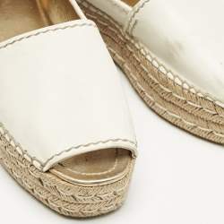 Pre Owned Prada White/Gold Leather Peep Toe Platform Espadrille Flats Size 38