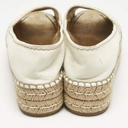 Pre Owned Prada White/Gold Leather Peep Toe Platform Espadrille Flats Size 38