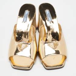 Prada Gold Patent Leather Block Heel Slide Sandals Size 41
