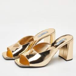 Prada Gold Patent Leather Block Heel Slide Sandals Size 41