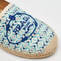 Prada Off White/Blue Nastro Jacquard Embroidered Logo Espadrille Flats Size 35