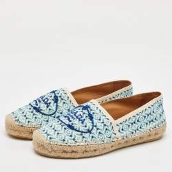 Prada Off White/Blue Nastro Jacquard Embroidered Logo Espadrille Flats Size 35