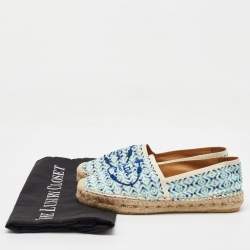 Prada Off White/Blue Nastro Jacquard Embroidered Logo Espadrille Flats Size 35