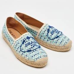 Prada Off White/Blue Nastro Jacquard Embroidered Logo Espadrille Flats Size 35