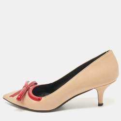 Prada Beige/Red Patent Leather Pointed Toe Bow Pumps Size 39