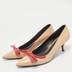 Prada Beige/Red Patent Leather Pointed Toe Bow Pumps Size 39