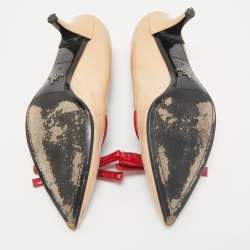 Prada Beige/Red Patent Leather Pointed Toe Bow Pumps Size 39