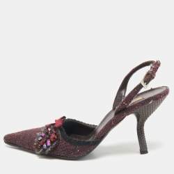 Prada Burgundy Tweed Crystal Embellished Slingback Pumps Size 39