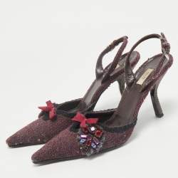 Prada Burgundy Tweed Crystal Embellished Slingback Pumps Size 39