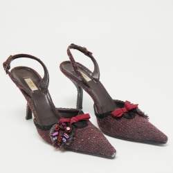 Prada Burgundy Tweed Crystal Embellished Slingback Pumps Size 39