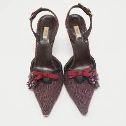 Prada Burgundy Tweed Crystal Embellished Slingback Pumps Size 39