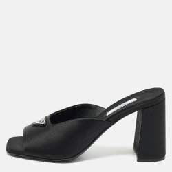 Prada Black Satin Triangle Logo Block Heel Slide Sandals Size 38 