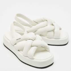 مملوكة مسبقًا صندل برادا نعل سميك ذو حزام خلفي مخده جلد أبيض مقاس 40