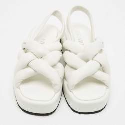 مملوكة مسبقًا صندل برادا نعل سميك ذو حزام خلفي مخده جلد أبيض مقاس 40