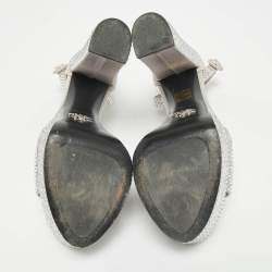 Prada Light Grey Satin Crystal Embellished Ankle Strap Platform Sandals Size 39