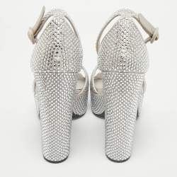 Prada Light Grey Satin Crystal Embellished Ankle Strap Platform Sandals Size 39