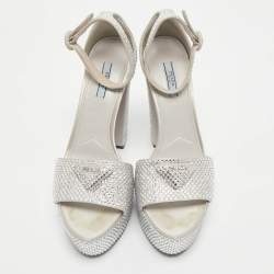Prada Light Grey Satin Crystal Embellished Ankle Strap Platform Sandals Size 39