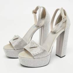 Prada Light Grey Satin Crystal Embellished Ankle Strap Platform Sandals Size 39