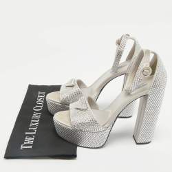 Prada Light Grey Satin Crystal Embellished Ankle Strap Platform Sandals Size 39