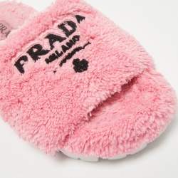 Pre Owned Prada Pink Shearling Logo Slide Flats Size 39