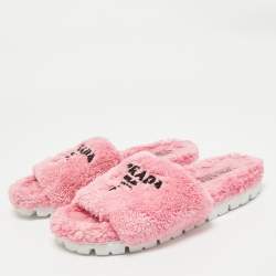 Pre Owned Prada Pink Shearling Logo Slide Flats Size 39