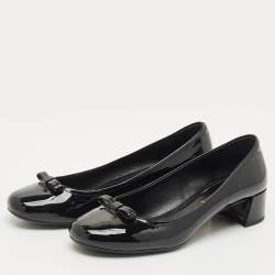 Prada Black Patent Leather Bow Block Heel Pumps Size 37.5