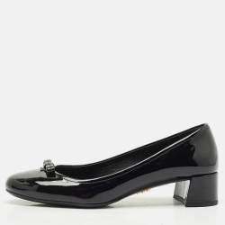 Prada Black Patent Leather Bow Block Heel Pumps Size 37.5