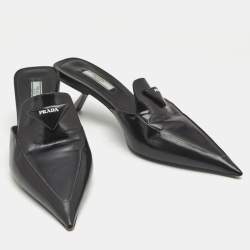 Prada Black  Saffiano Leather Logo Mules Size 40