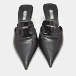 Prada Black  Saffiano Leather Logo Mules Size 40