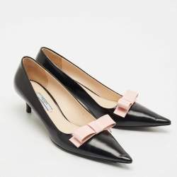 Prada Black/Beige Leather Pointed Toe Bow Pumps Size 38.5