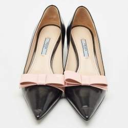 Prada Black/Beige Leather Pointed Toe Bow Pumps Size 38.5