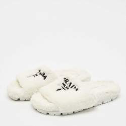 Prada White Shearling Terry Flat Slides  Size 39