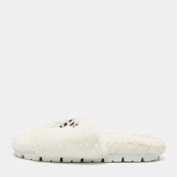 Prada White Shearling Terry Flat Slides  Size 39