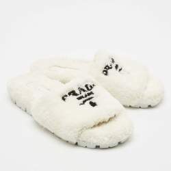Prada White Shearling Terry Flat Slides  Size 39