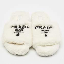 Prada White Shearling Terry Flat Slides  Size 39