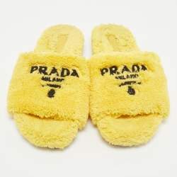 مملوكة مسبقًا Prada Yellow Shearling Logo Terry Fabric Slides Size 39